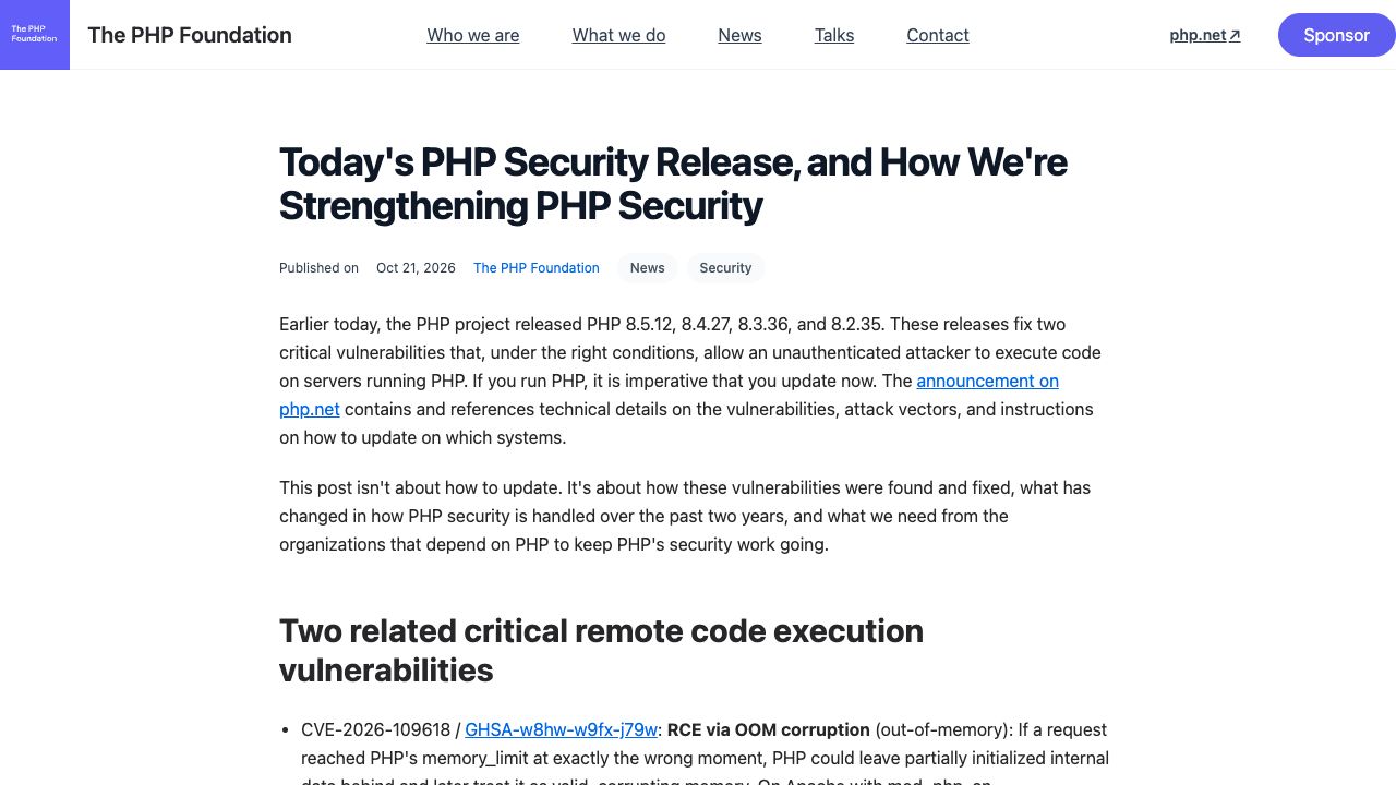 Today's PHP Security Release, and How We're Strengthening PHP Security — The PHP Foundation — Supporting, Advancing, and Developing the PHP Language