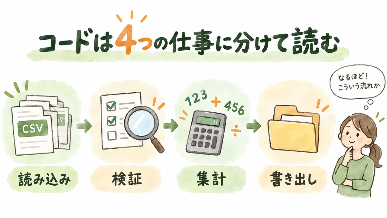 CSV処理を読み込み、検証、集計、書き出しの4つに分けた図解