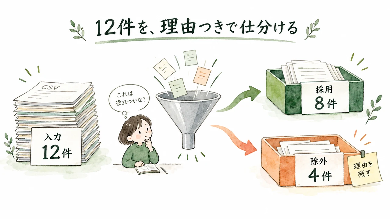 入力12件を採用8件と理由付きの除外4件に分けるCSV集計の図解