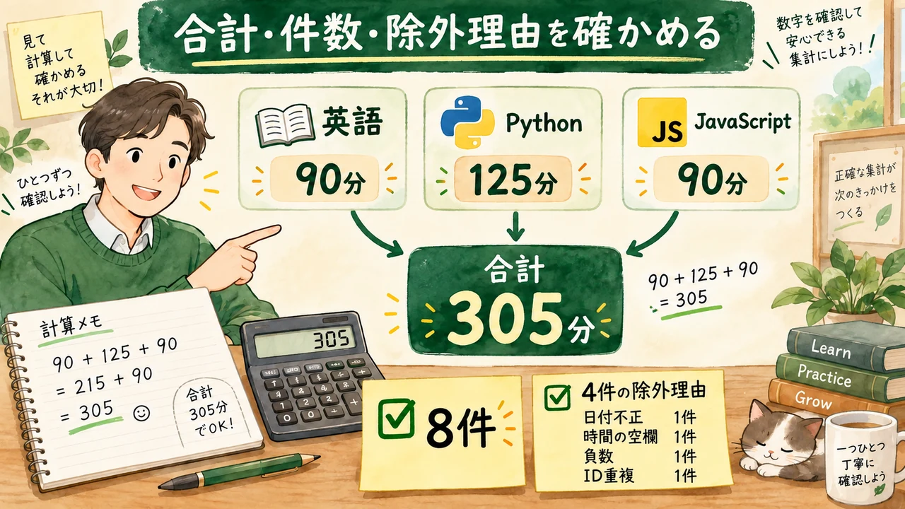 英語90分、Python125分、JavaScript90分の合計305分と件数・除外理由の照合