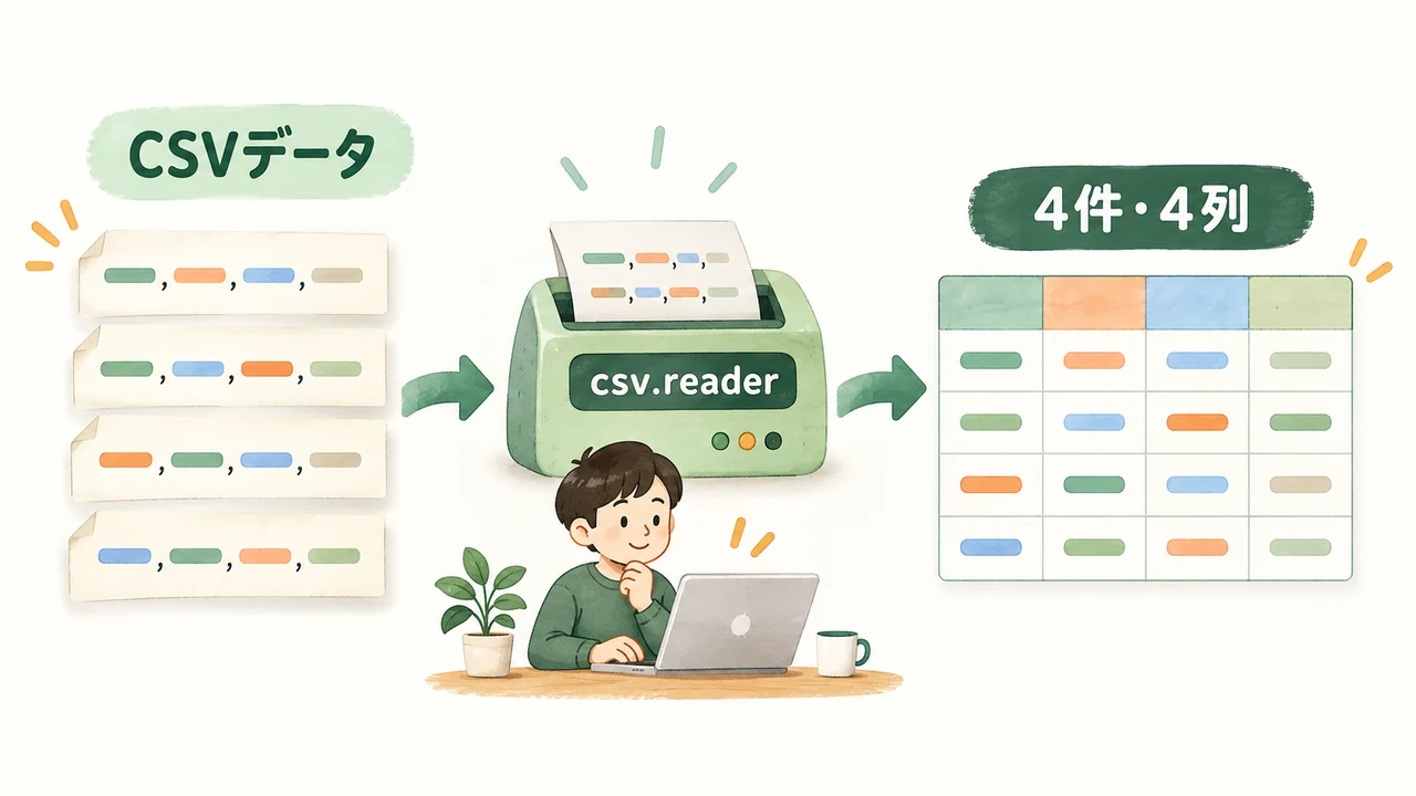 CSVデータをcsv.readerで読み、4件4列として取り出す流れ