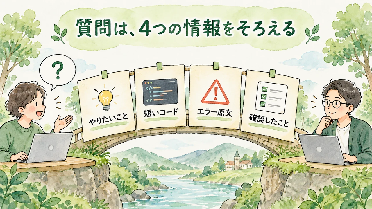 質問に必要な目的、短いコード、エラー原文、確認したことの4項目