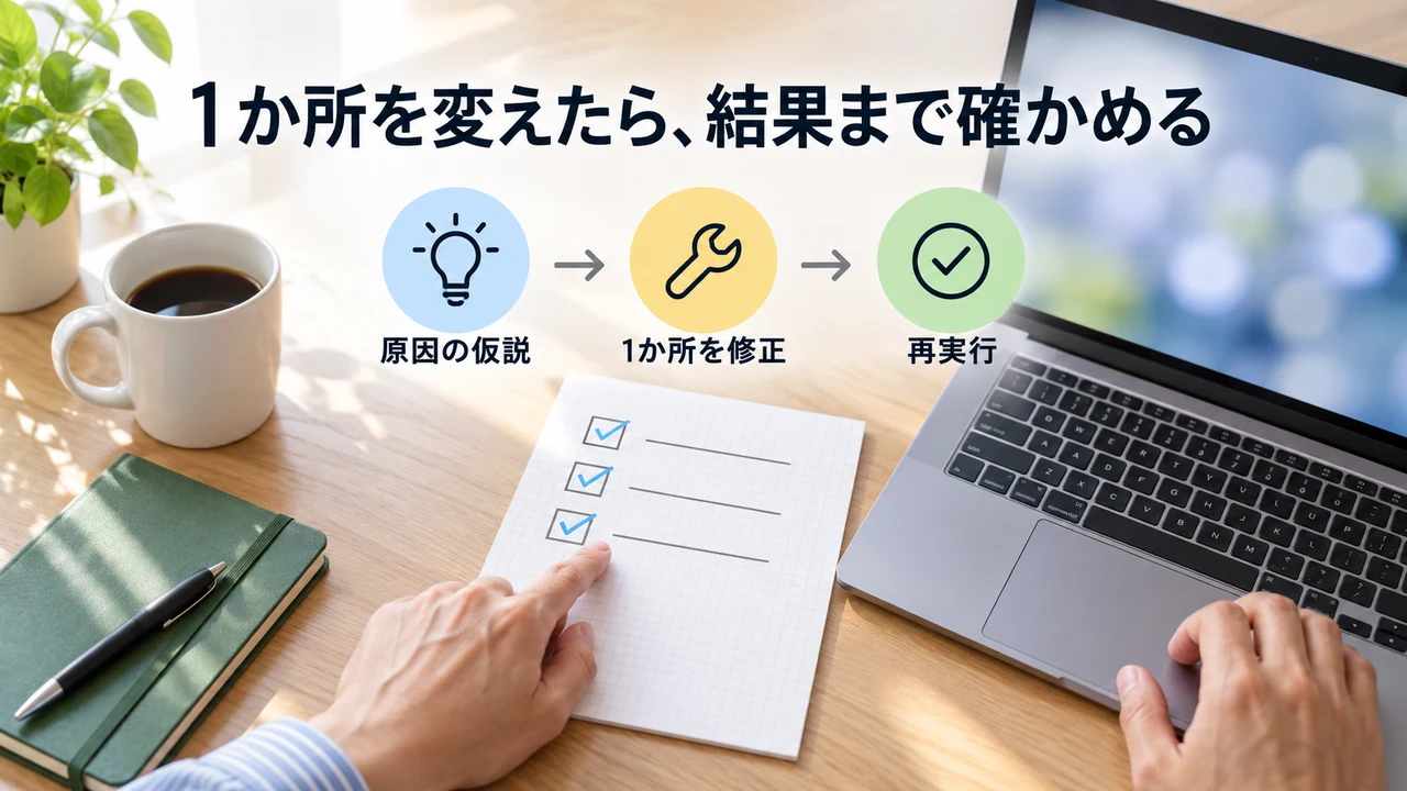 原因の仮説を立て1か所を修正し再実行する練習の流れ