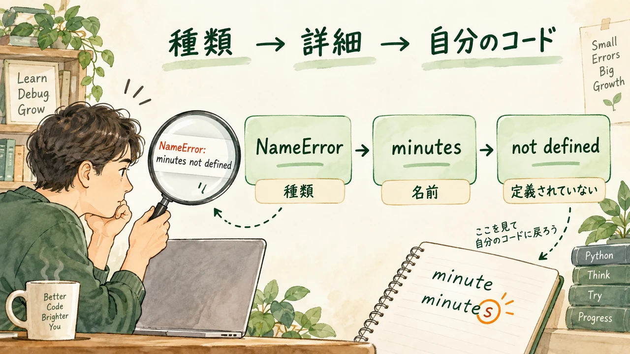 NameErrorから種類、minutesという名前、未定義の意味を読み取りコードへ戻る図解
