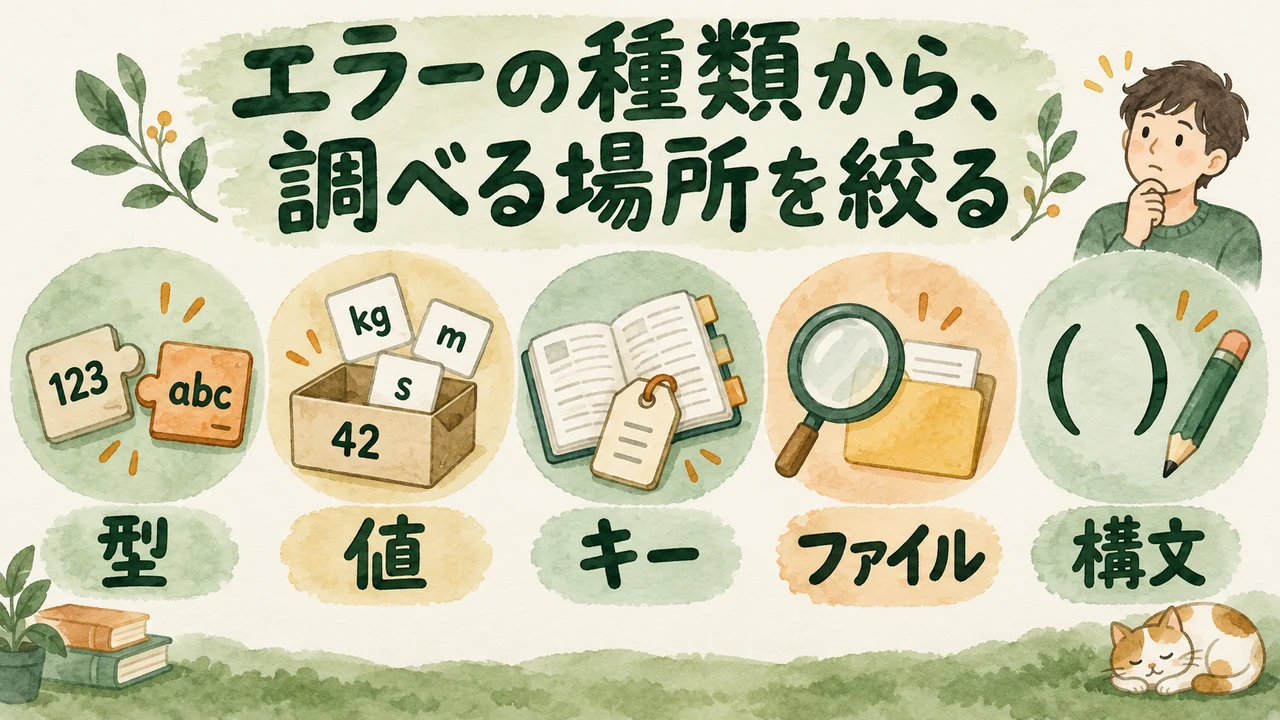 型、値、キー、ファイル、構文の5つの確認場所を示すイラスト