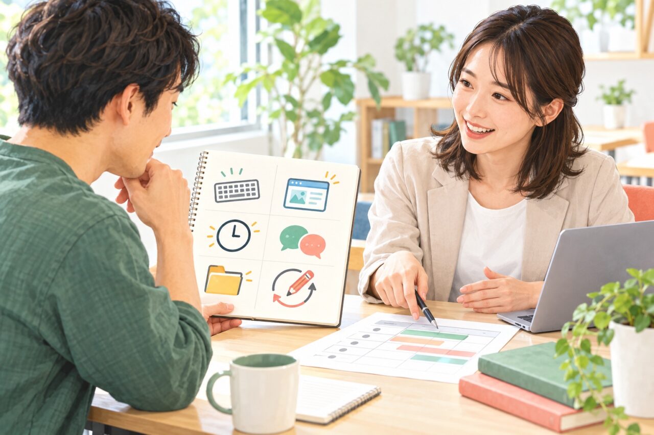 前提知識、成果物、時間、質問、持ち帰り、復習支援を相談する学習者