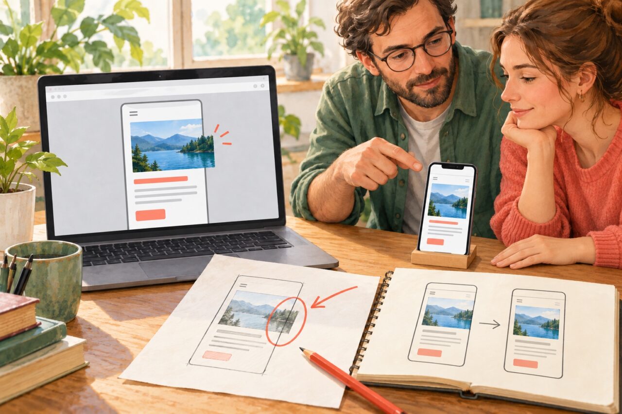 狭い画面からはみ出す画像の修正前後を、PCと机上スタンドのスマートフォンで確かめる人物