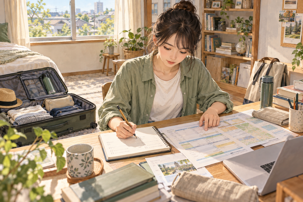 開いたスーツケースのそばで大学予定と旅程を見比べ、ノートに記入する学生のイラスト