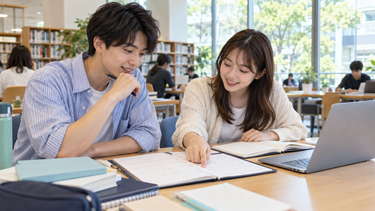 大学の夏休み留学を考え、図書館で日程表とノートを見比べる2人の学生のイメージ