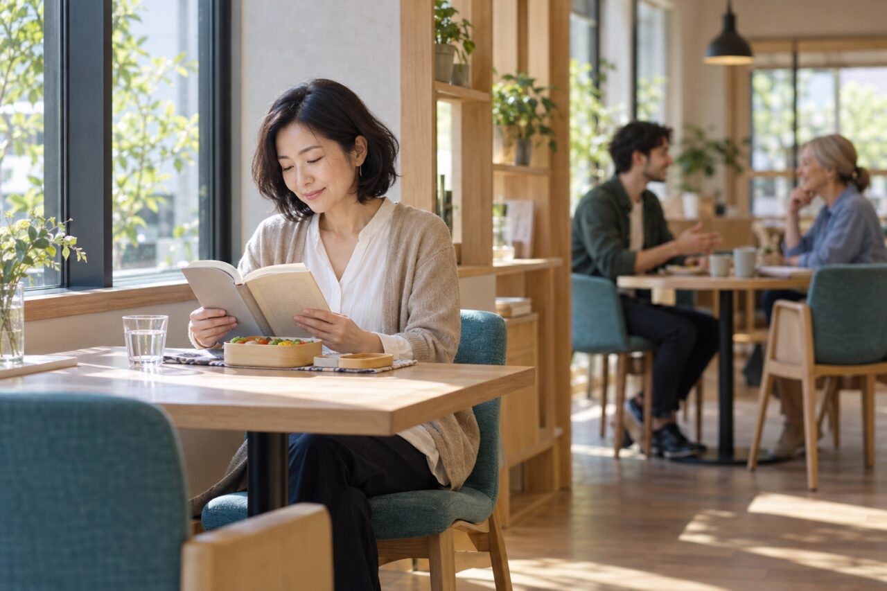 昼休みに窓辺の席で一人で本を読み、少し離れた席ではほかの成人が会話している場面のイメージ