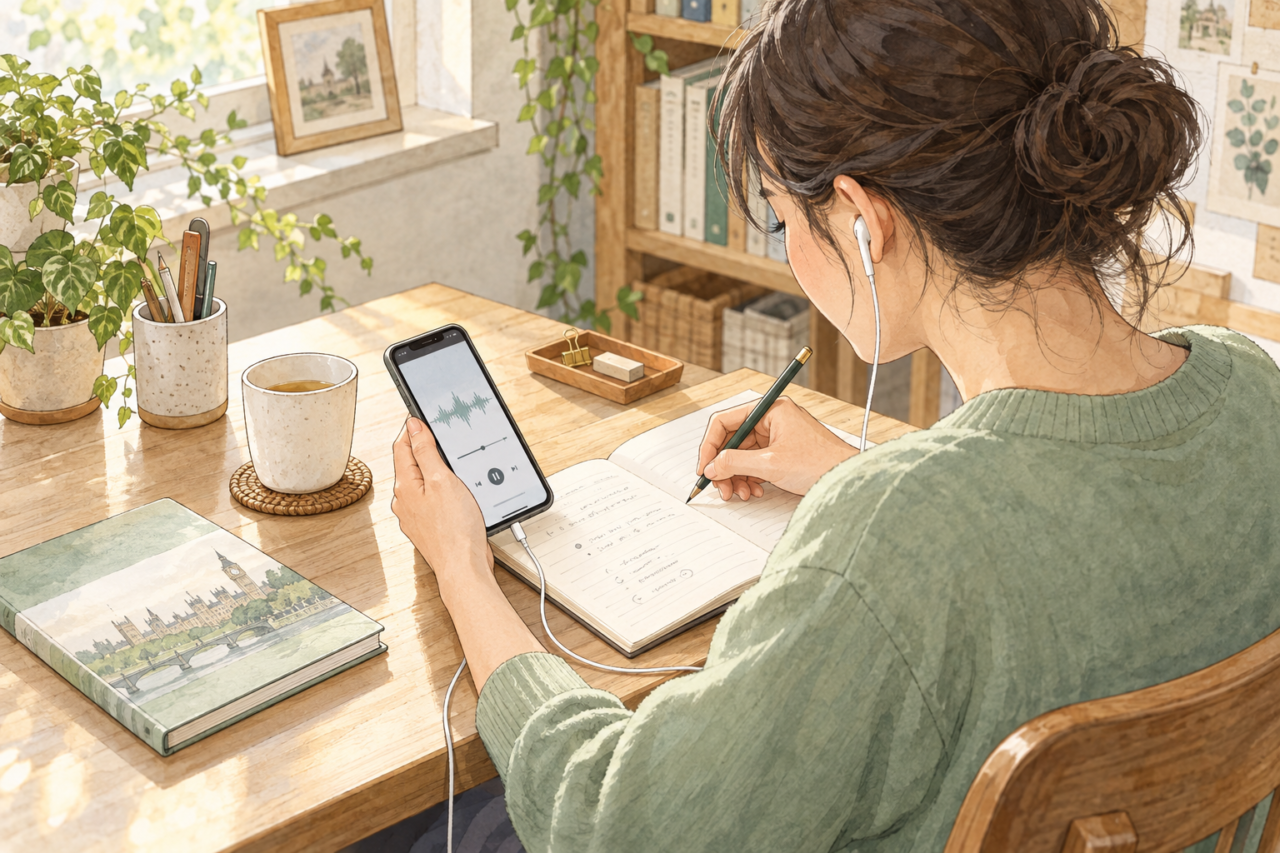 スマホの英語録音をイヤホンで聞き返し、ノートに気づきを書く成人学習者のイラスト