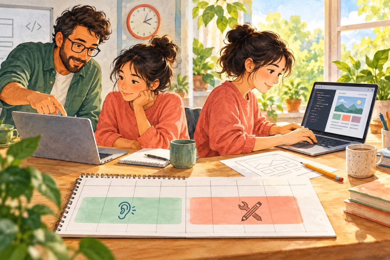講師の説明を聞く時間と、自分でWebページを作る時間を比べる学習場面