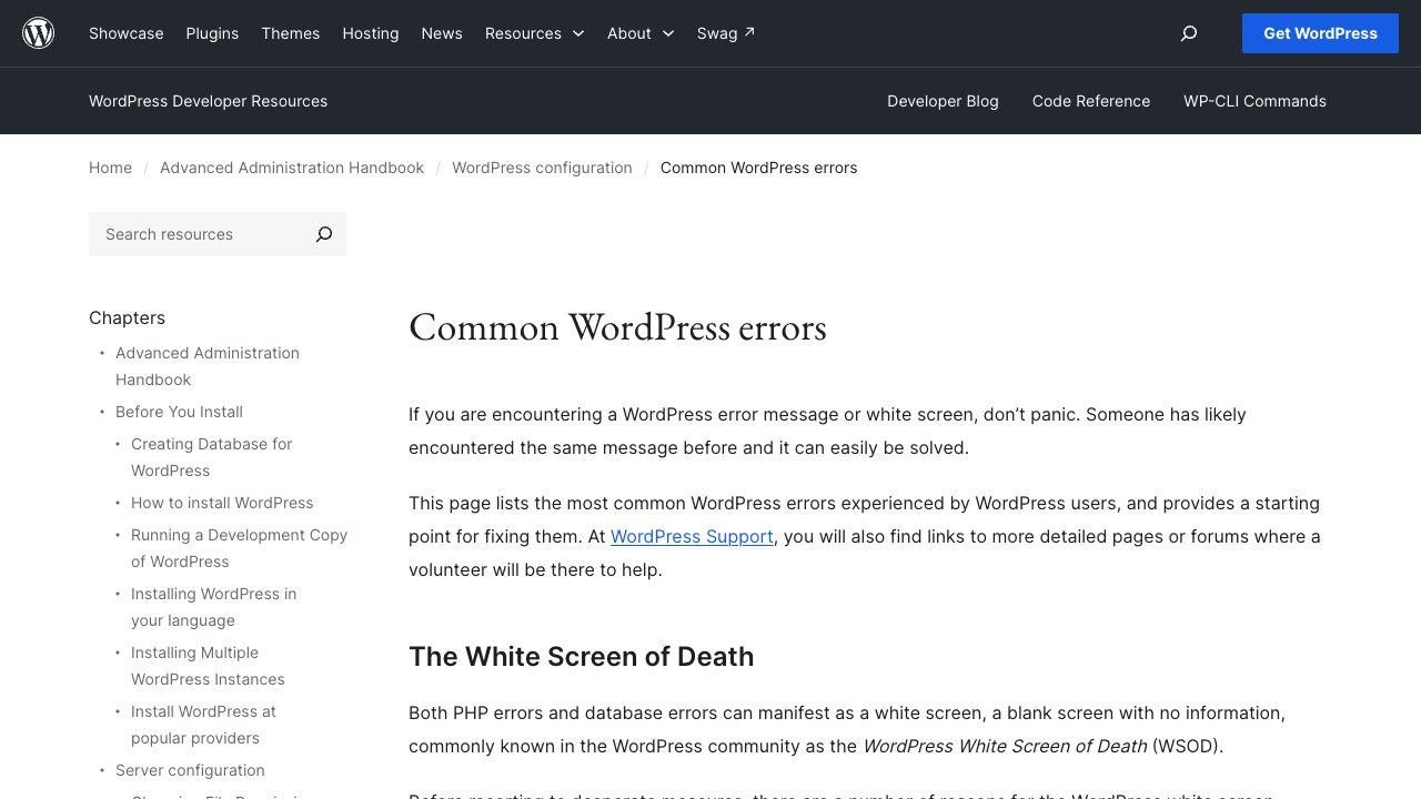 Common WordPress errors – Advanced Administration Handbook